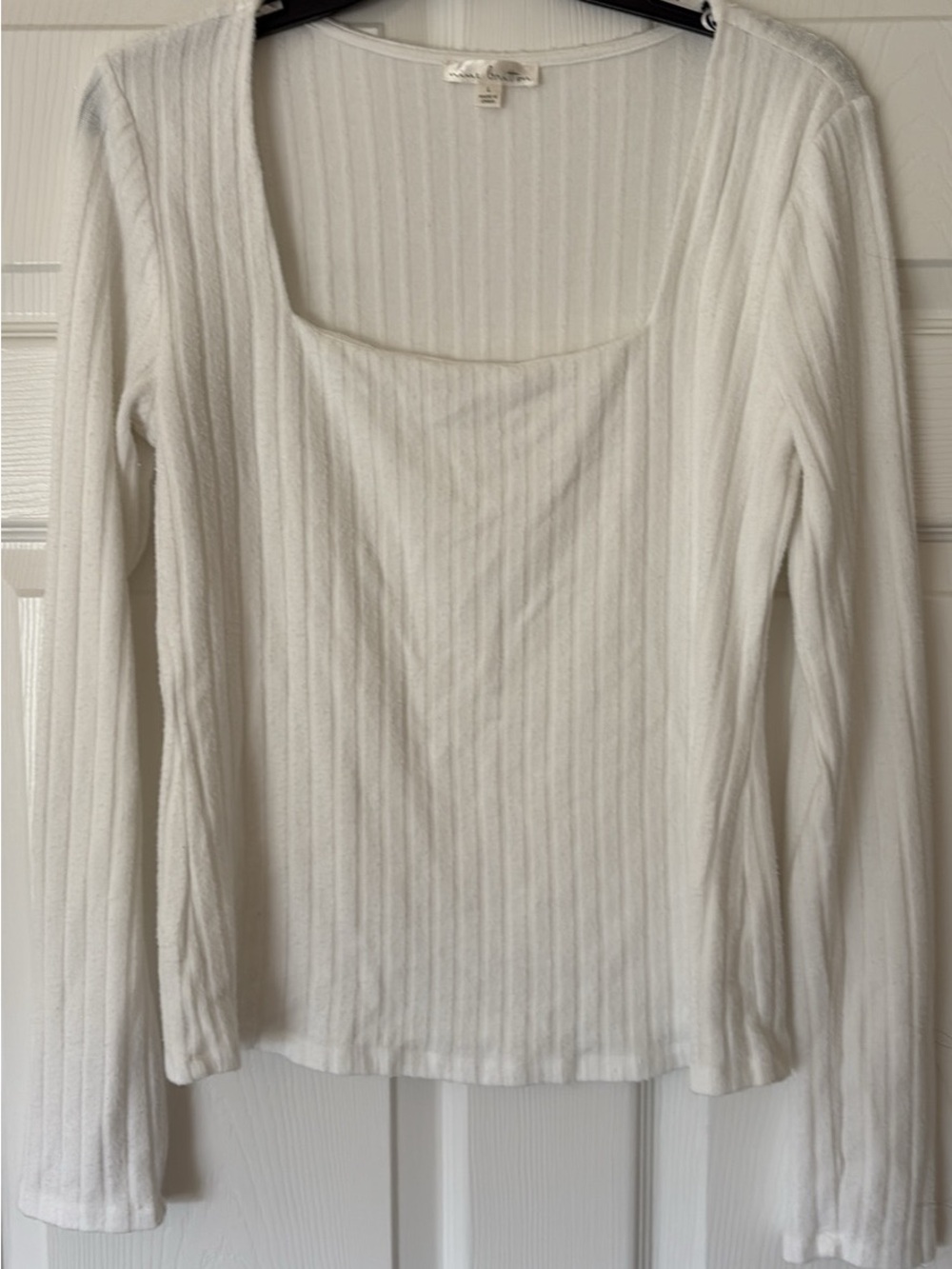 White Ribbed Long Sleeve Square Neck Top